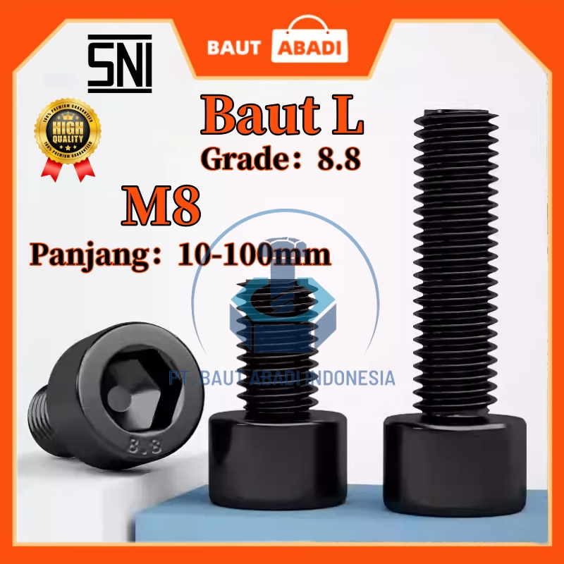Jual Baut L baja M8 Grade 8.8 soket segi enam Panjang 10 sd 100mm full ...