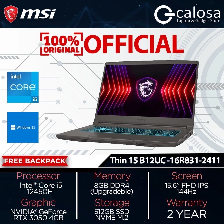 Jual MSI Thin 15 B12UC (9S716R8312411) i512450H 8GB 512GB RTX3050 — free download