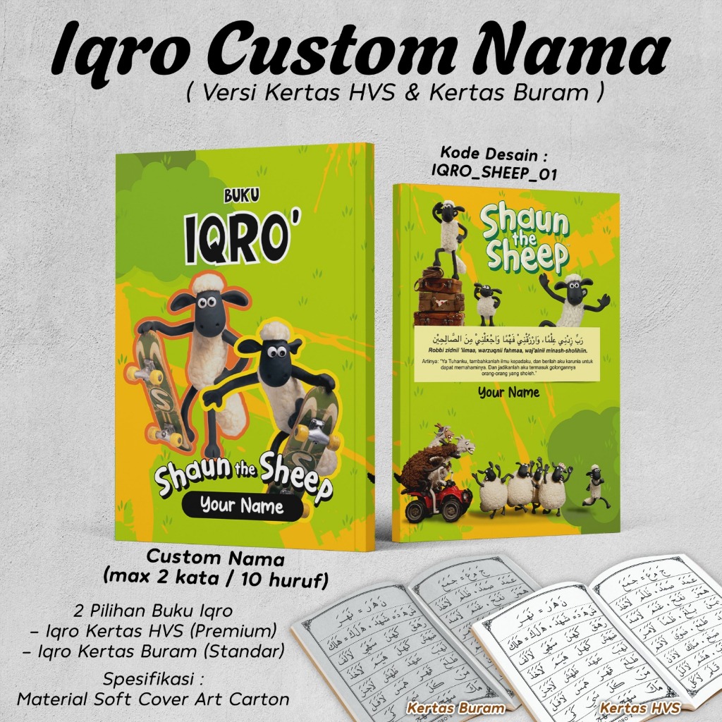 Jual IQRO ANAK CUSTOM NAMA / BUKU IQRO GAMBAR KARTUN SHAUN THE SHEEP