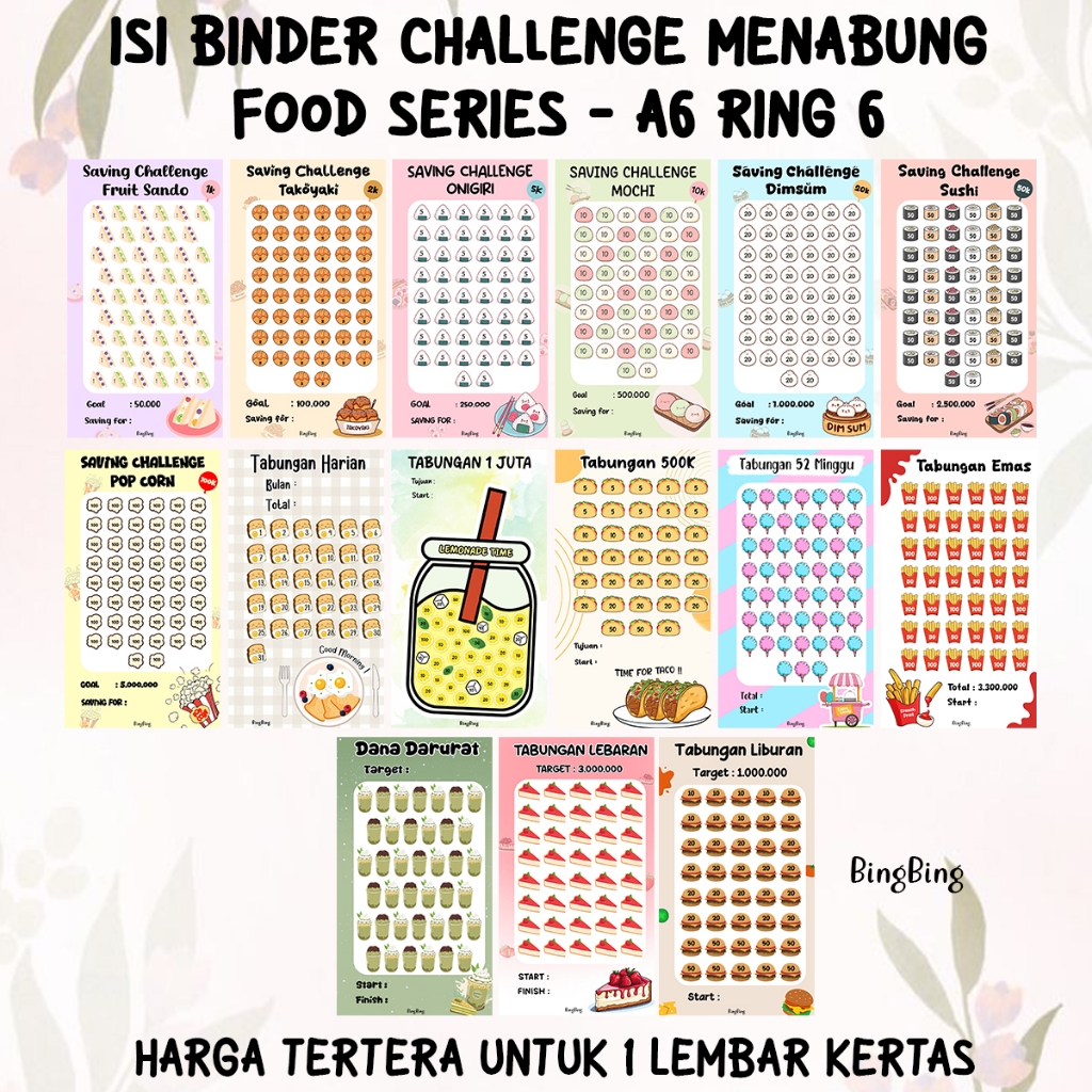 Jual ISI BINDER A6 Ring 6 Saving Challenge Menabung Food Series ...