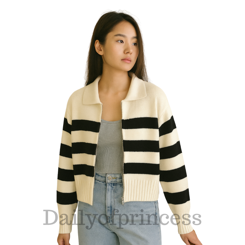 Jual Dailyofprincess Loly Cardigan Rajut Wanita Garis Hitam Putih ...