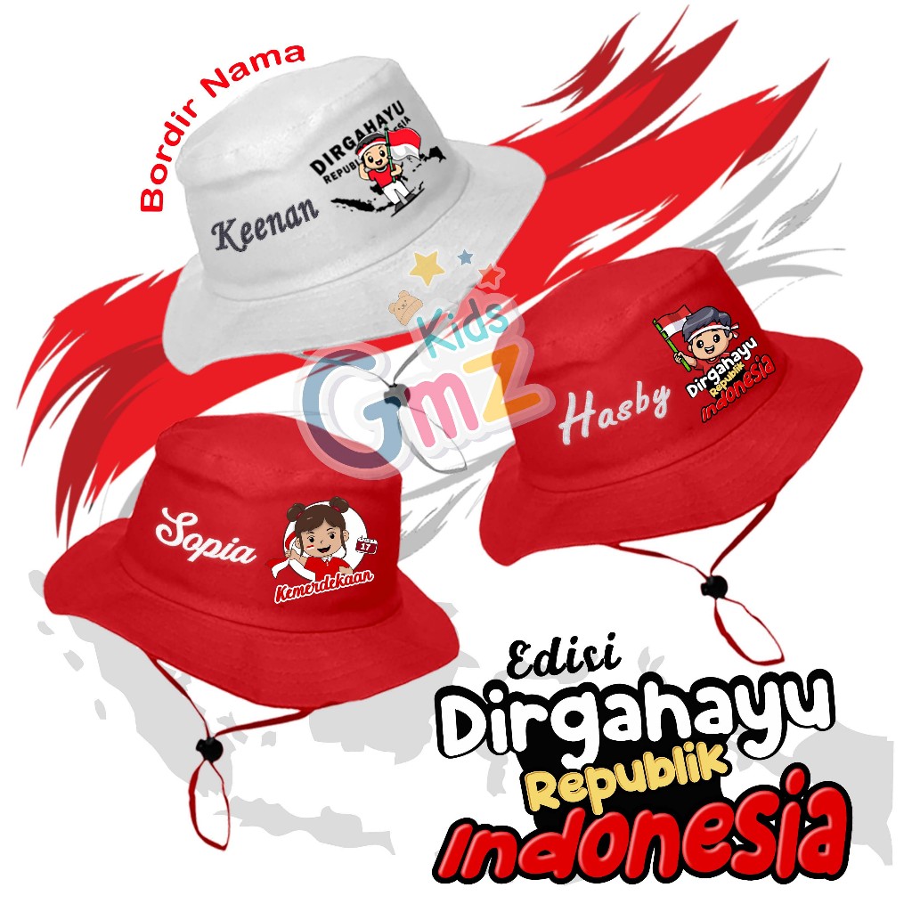 Topi Rimba Anak Gratis Bordir Nama Spesial Kemerdekaan 17 Agustus Sablon Animasi