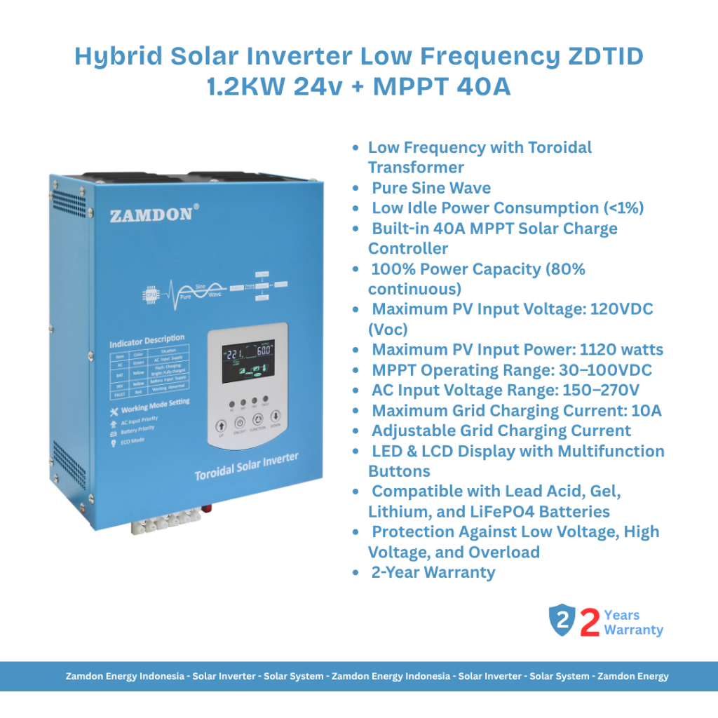 Jual Zamdon Solar Inverter Hybrid Low Frequency 1.200Watt/1.500VA 24V ...