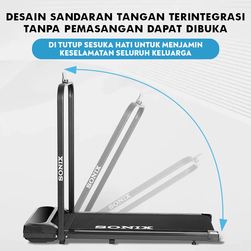 Treadmill Sonix STR01 dalam posisi dilipat untuk penyimpanan hemat tempat