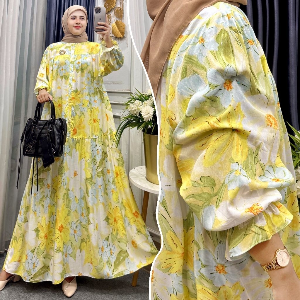 Gamis Arsyila Gamis Lengan Balon Gamis Rayon Premium Lengan Smok