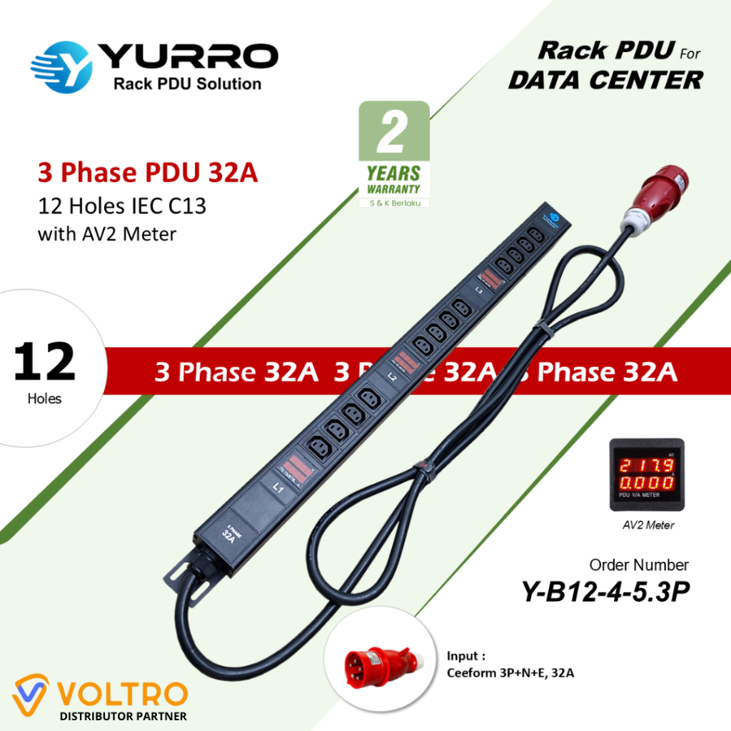 Jual YURRO PDU 3 Phase C13 32A With AV Meter Digital For Rack Server 19 ...