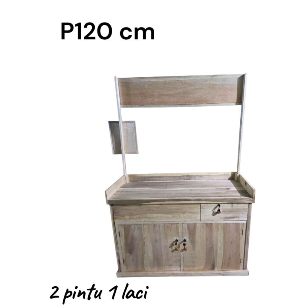 meja booth portable lipat kayu uk 120cm+laci+pintu
