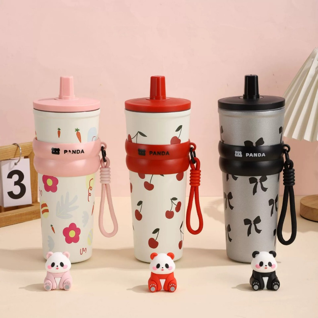 Mug Tumbler Stainless Steel Sus 304 Motif Panda Lucu 700ml Gantungan + Boneka M - foto 4
