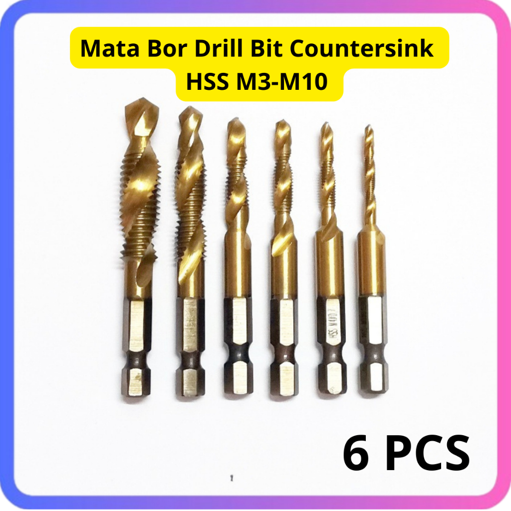 Jual Mata Bor Drill Bit Countersink HSS M3-M10 6 PCS Mata Bor Tap 1/4 ...