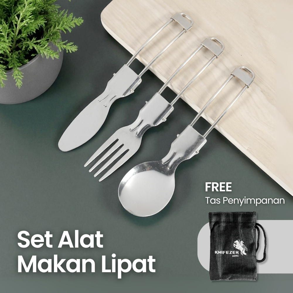 Jual Set Alat Makan Sendok Garpu Pisau Lipat Portable Cutlery - Silver ...