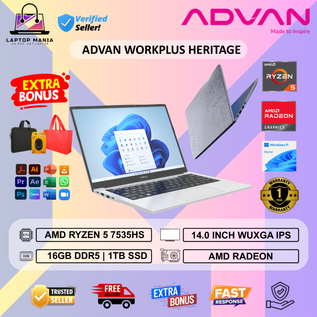 Jual Advan Workplus Heritage 14 1701 L25B-R57S1 Amd Ryzen 5 7535HS 16GB ...