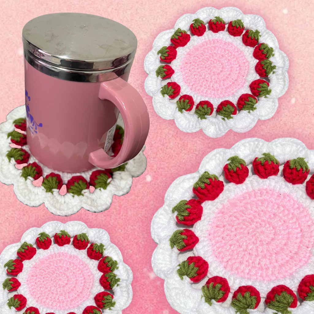 Jual Strawberry Coaster Crochet | Rajutan Coaster | Shopee Indonesia