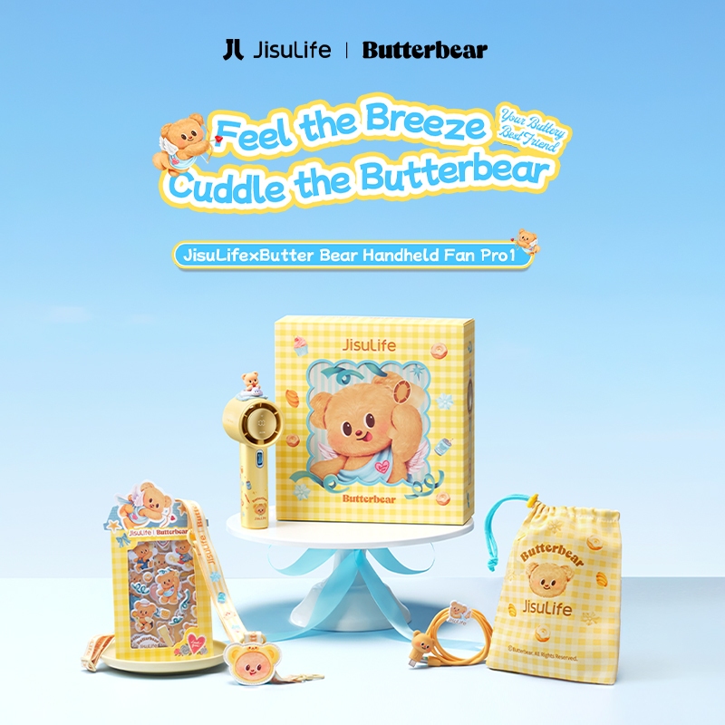 JISULIFE X BUTTERBEAR Kipas Angin Portable Kolaborasi Kotak Kado Super Lucu 100 Level Layar LED Desain Mini  Ringkas Ideal untuk Rumah & Aktivitas Luar Ruangan Mudah Dibawa Cocok untuk Berbagai Kegiatan