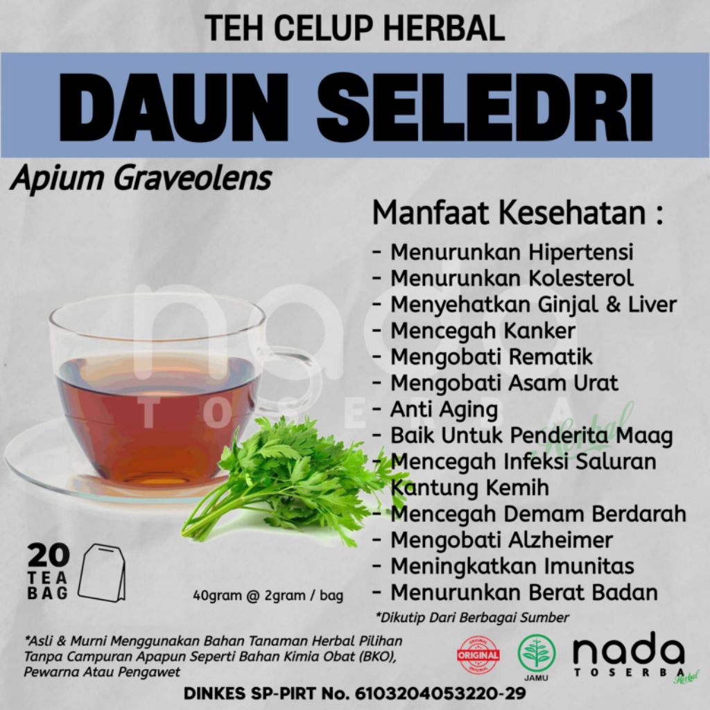 Teh Celup Herbal DAUN SELEDRI Isi 20 Kantong | Hipertensi, Darah Tinggi & Kolesterol | Ginjal | Celery