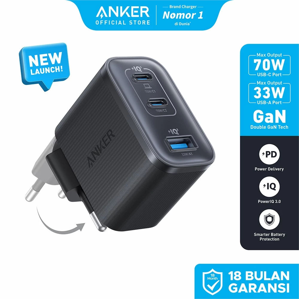 Anker Nano 70W Gan Double-Gan Portable Charger Fordable Fast Charging 3 ports Temperature control PPS PD3.0