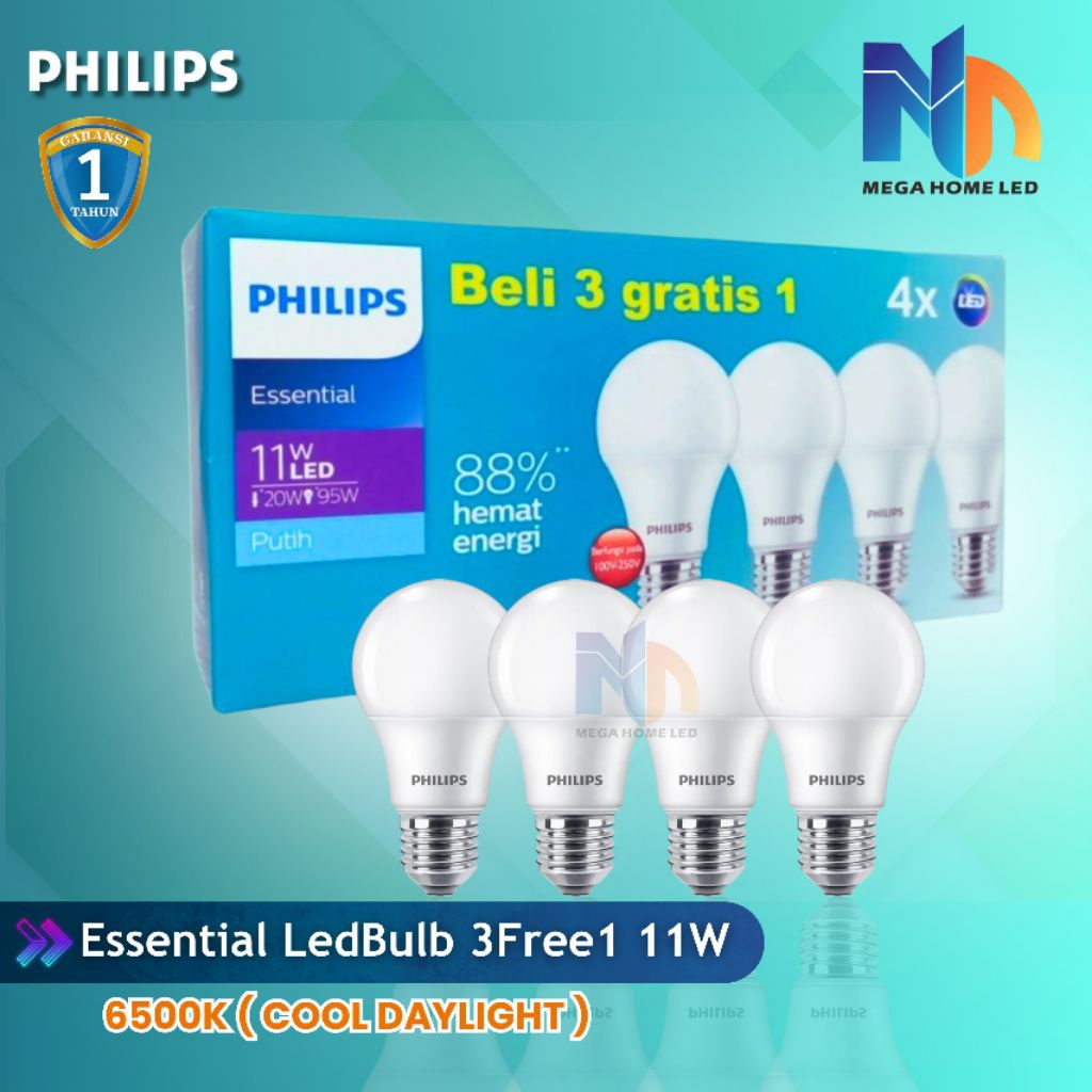 Jual Lampu Philips ESS LED 11W Multipack 3+1 E27 Putih Hemat Energi SNI ...