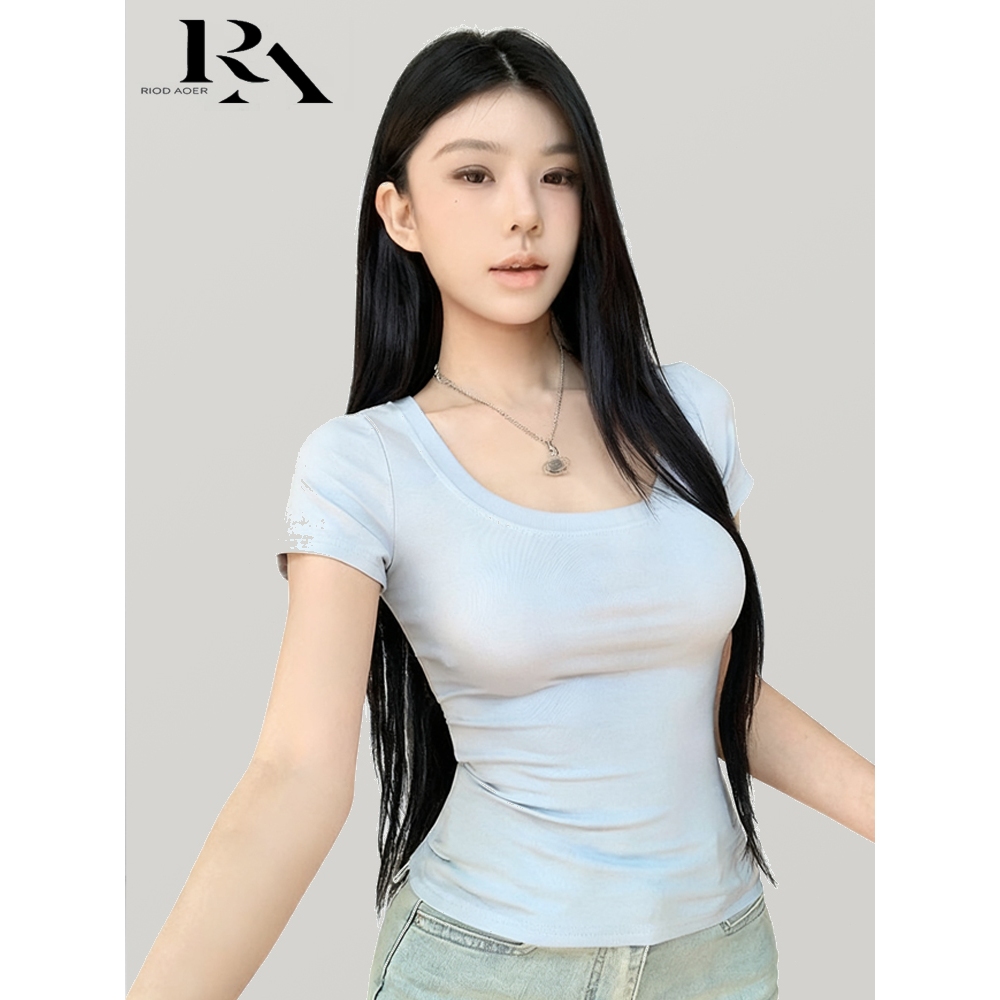 Jual RIOD AOER Kaos lengan pendek biru leher-U sederhana untuk wanita ...