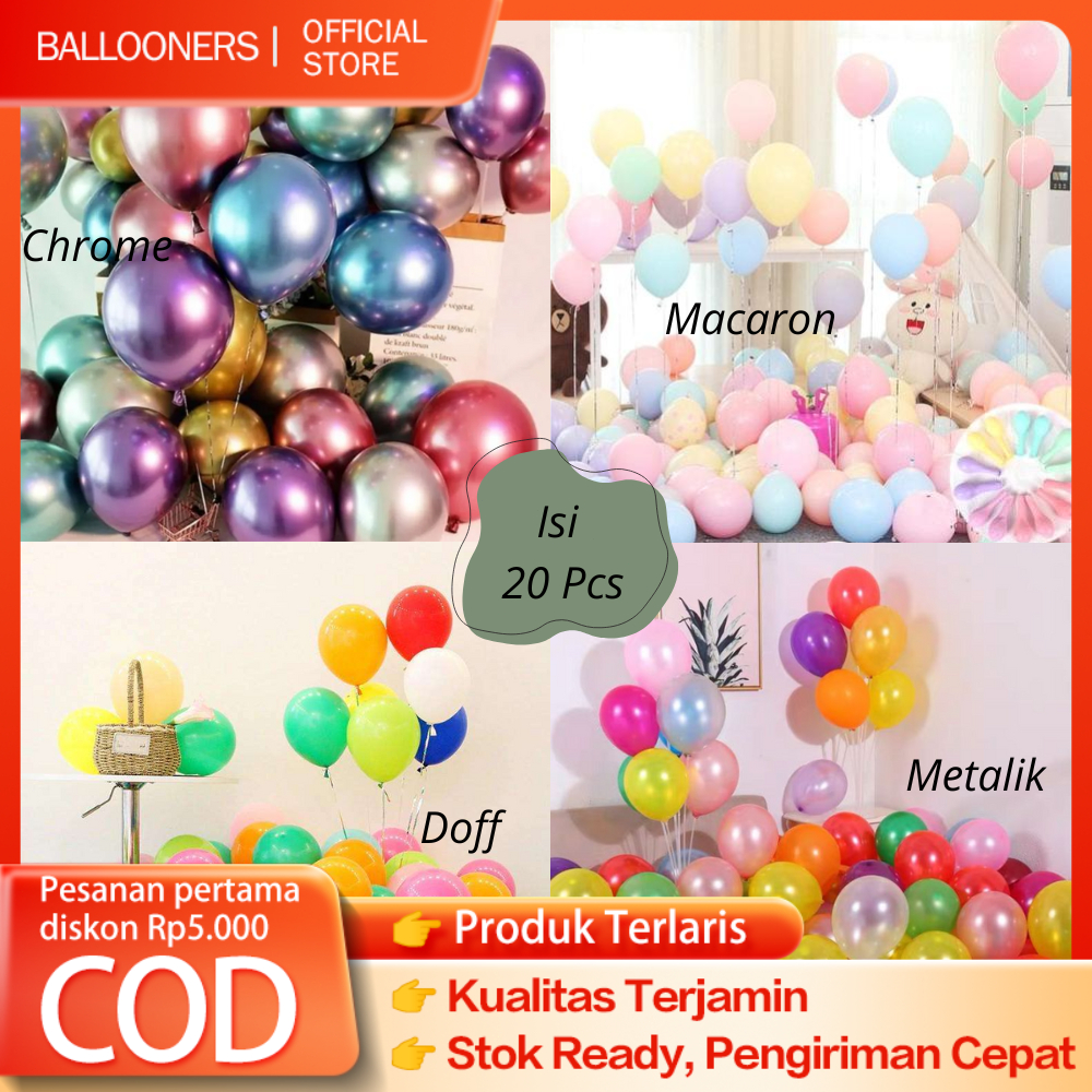 Balon Latex Macaron Doff Metalik Chrome isi 20Pcs 12 Inch Balon Lateks Warna Warni Dekorasi Pesta Wisuda Pernikahan Ulang Tahun