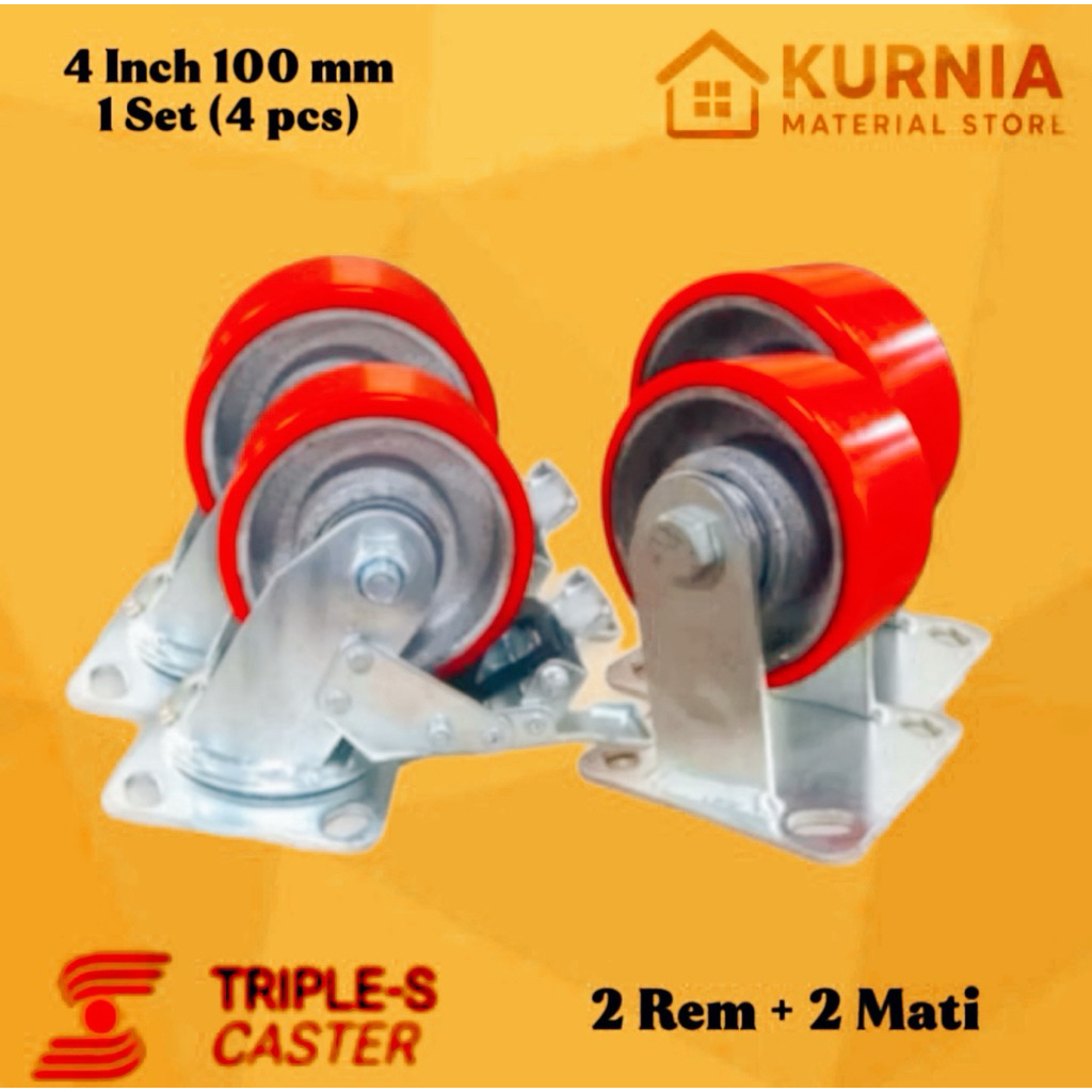 Jual [4 PCS] Roda Trolly 4 inch 100 mm PU Heavy Duty (2 Rem + 2 Mati ...