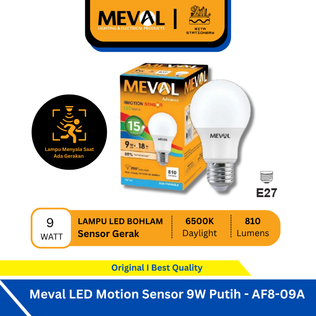 Jual Meval Lampu LED Sensor Gerak 9 Watt Daylight Putih / Mati Menyala ...