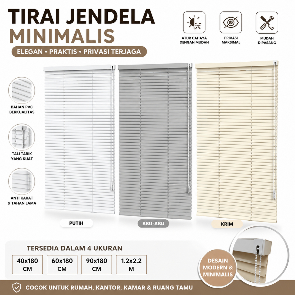 Ready Stok Tirai Venetian Blind PVC Tirai Gulung Jendela Aesthetic Anti Panas Anti UV Penghalau Cahaya Untuk Rumah Kantor Berbagai Ukuran
