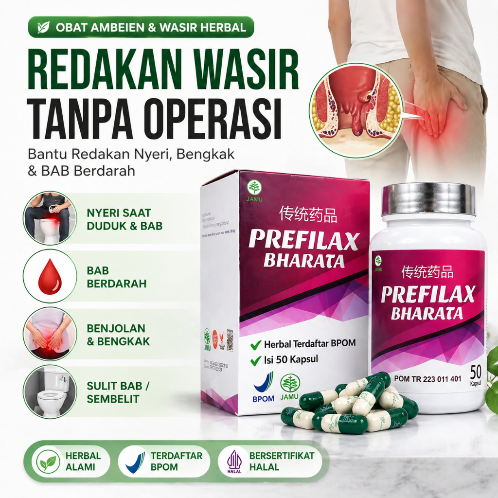 Obat Wasir Herbal BPOM Prefilax Bharata 50 Kapsul – Ambeien Benjolan Berdarah Nyeri Saat BAB