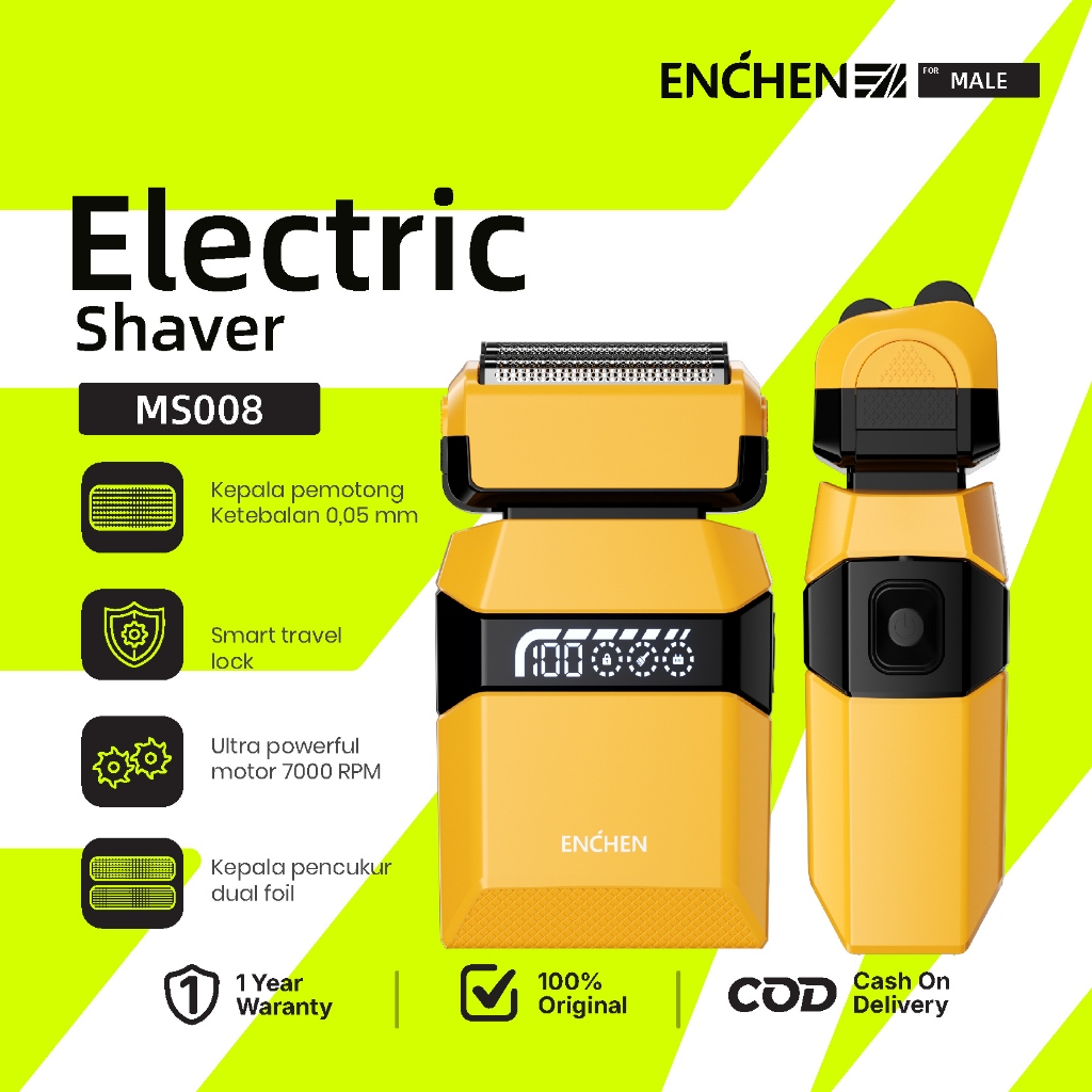 ENCHEN MS008 Alat Cukur Listrik Pria Dual Foil, Pisau Tipis 0,05mm Motor 7000RPM, Layar Digital, Travel Lock Anti Sentuh, Tahan Air Bisa Cuci, Tipe C Charging