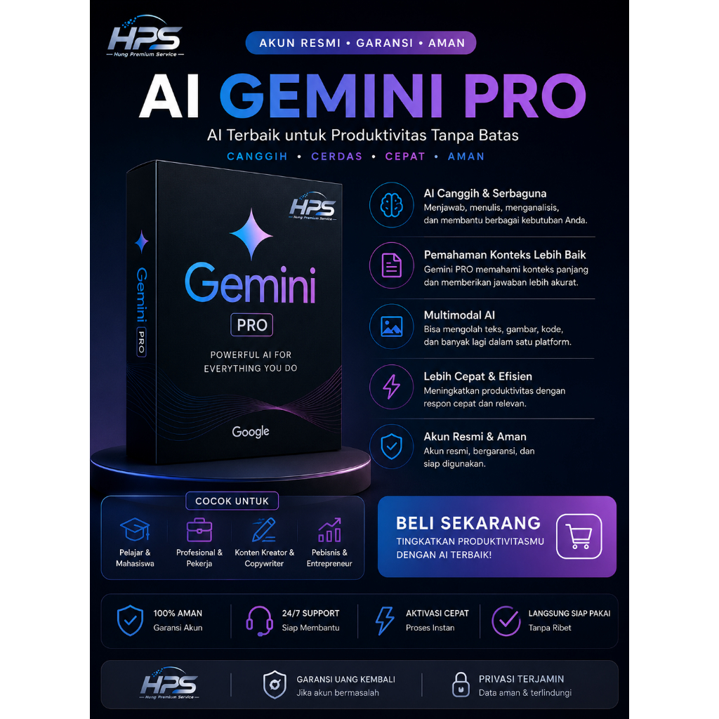 Gemini AI Pro Premium 1 Bulan | Akses AI Terbaru | Chat, Coding & Analisis Dokumen | Fast Proses