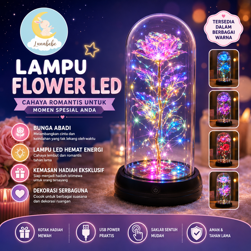 Lunabebe Lampu LED Kamar Pajangan Bunga Mawar Glass Dome Hiasan Ruangan Estetik Lampu Tidur Tidur Hampers Kado Romantis