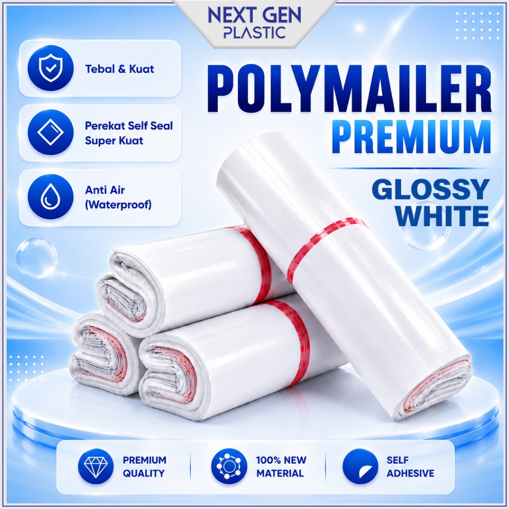 PLASTIK POLYMAILER PUTIH WHITE PREMIUM TEBAL Kantong Amplop Packing Olshop Warna Perekat Custom Polimailer