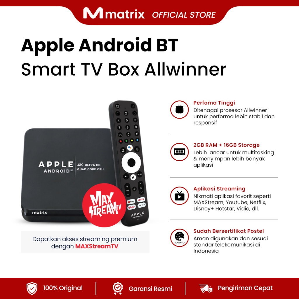 MATRIX Apple Android TV Box BT Allwinner - TV Box Android 12 I Ram 2gb WiFi I Android Box Support Voice Command