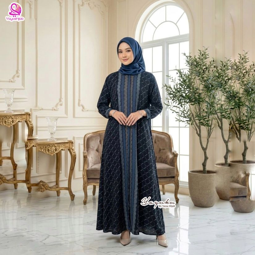 Malika Dress Gamis Kemeja Motif Monogram Elegan Bahan Premium Adem Nyaman Dipakai Seharian Look Mewah dan Simple Yayuku by Yayoe Hijab