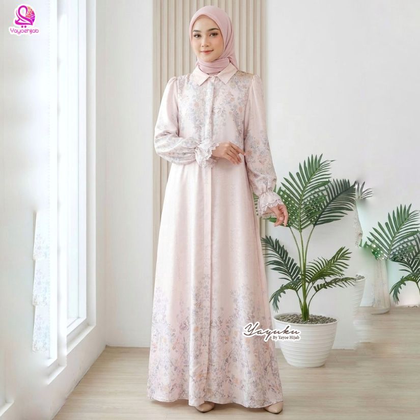 Nadira Dress Gamis Motif Elegan Lengan Panjang Busui Friendly Adem Nyaman Dipakai Look Mewah