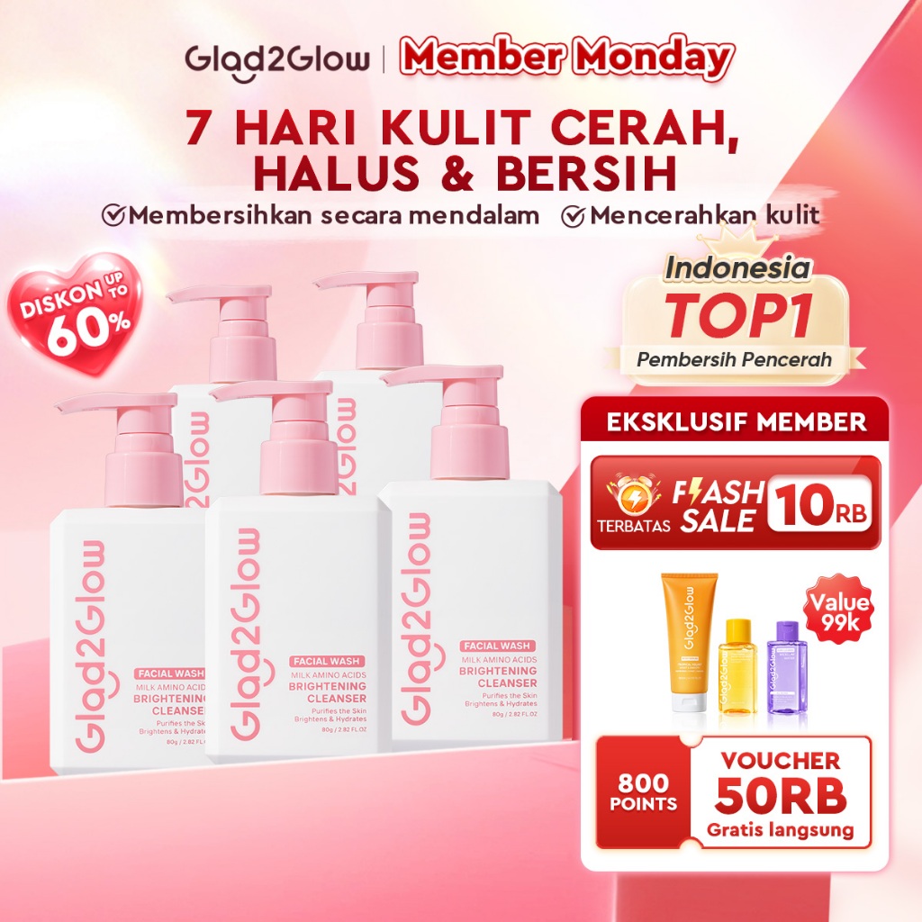 [Buy5 Save36k ]Glad2Glow Milk Amino Acid Gentle Cleanser facial wash,pembersih pencerah,pembersih wajah sabun cuci muka face wash skincare micellar water,Mencerahkan kulit , untuk semua jenis kulit ,Lembab Tanpa Ketarik,G2G glad2glow officia store
