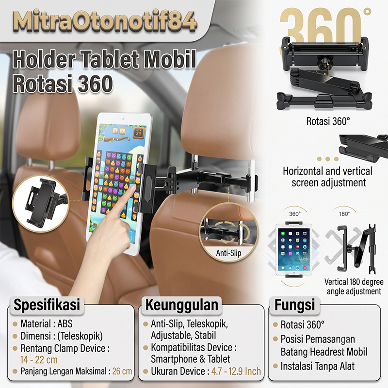 Holder Tablet Mobil Rotasi 360 | Holder Tab Mobil Headrest | Phone Holder Mobil Kursi Belakang