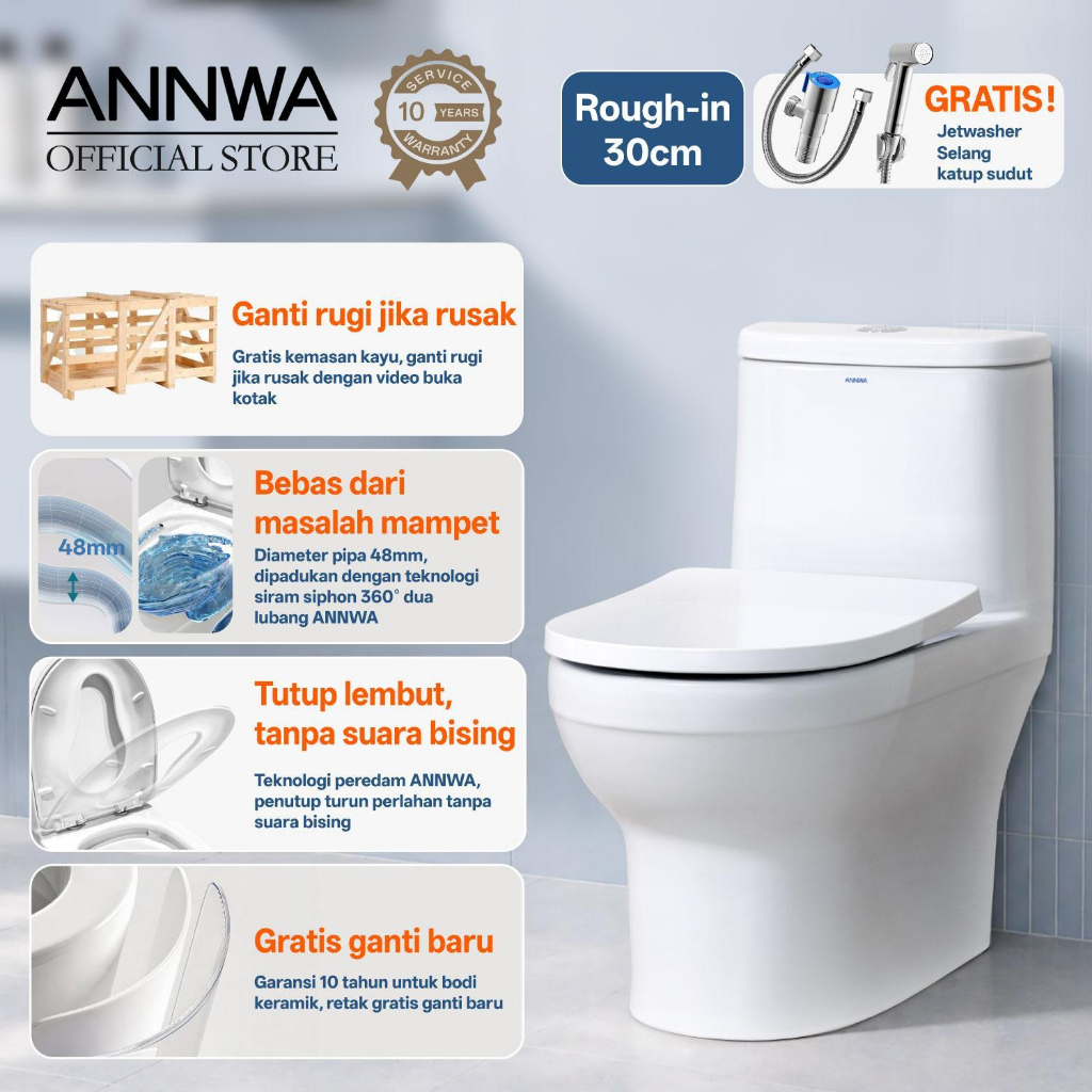ANNWA Toilet Duduk / Closet Kloset One Piece Monoblock – Soft Closing / Tutup Diam • Water Seal 55mm Anti Bau • Dual Flush 3.2L / 4.8L • Full Pipe Mechanical Glazing • Low Water Absorption ≤0.2% • Awet Tahan Lama • Jarak Lubang 30 cm • Model NL1351M