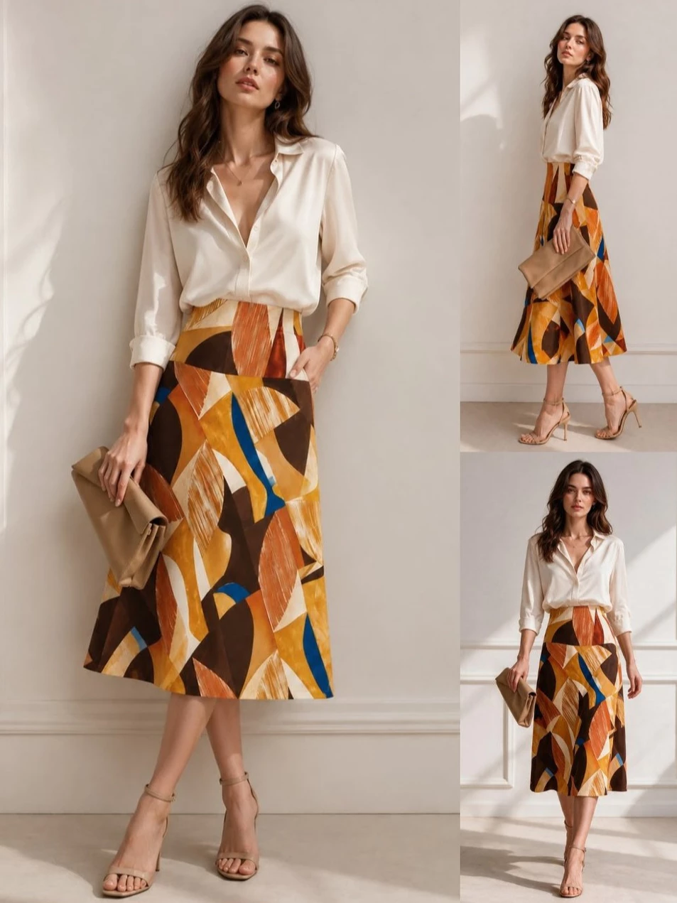 Rok Midi Wanita Bahan Katun WT A-Line Geometry Print Midi Skirt - 2862