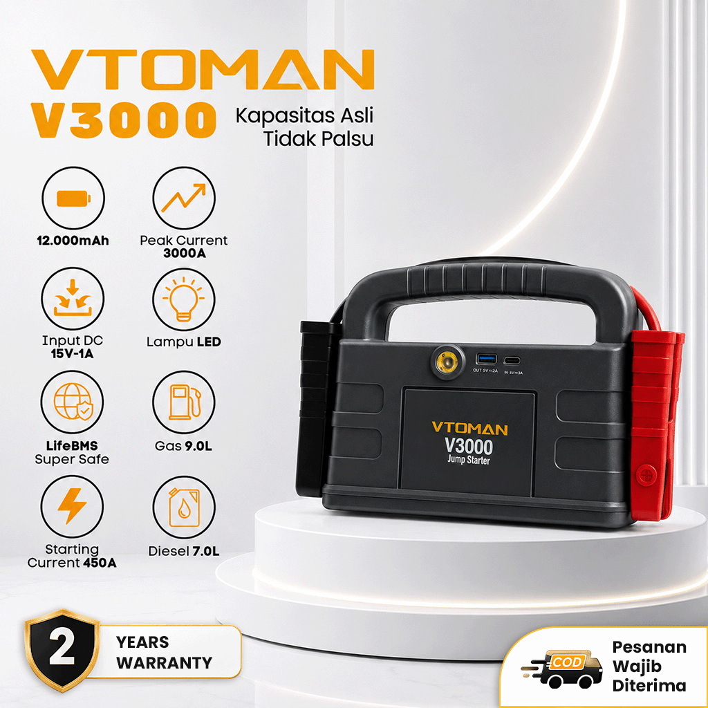 VTOMAN V3000 Jumper Aki 12000mAh 12V Powerbank Jumper Aki Mobil Dan Motor Car Jump Starter Multifungsi Power Bank Mobil Jemper Aki Portable
