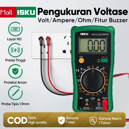 ISKU Multimeter Digital Multifungsi Pengukur Volt AC DC Ampere Ohm Dioda Transistor Layar HD Backlight Anti Konslet Sekring Proteksi untuk Rumah Bengkel Otomotif