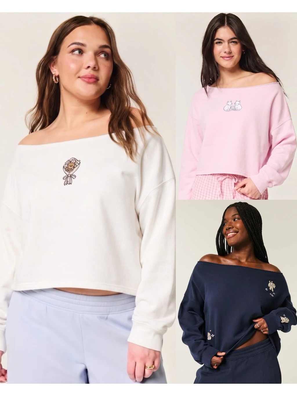 Sweater Wanita Bahan Fleece HLS Embroidered Graphic Easy Off-the-shoulder Sweatshirt - 2646
