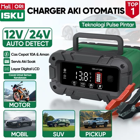 ISKU Charger Aki Otomatis 12V 24V 10A Casan Baterai Mobil Motor Truk Alat Cas Servis Aki Soak Pulse Repair Layar LCD Digital Pengecas Kendaraan Kering Basah AGM GEL LiFePO4 Auto Detect Anti Konslet Pintar Cepat Awet