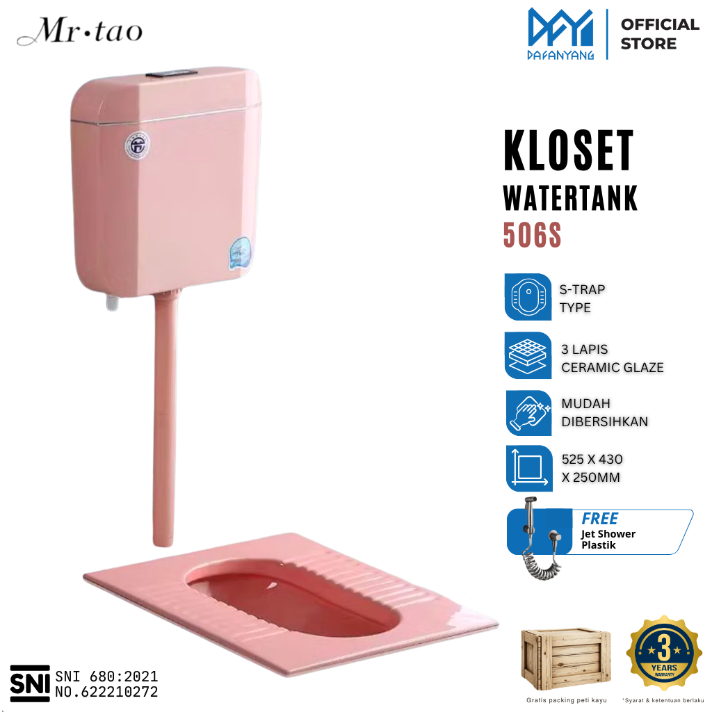 Mr. Tao Kloset Jongkok Watertank Flush Variasi 3 Warna 1Set SNI | WC Closet Jongkok Watertank Bahan Keramik Toilet Modern Free Peti Kayu
