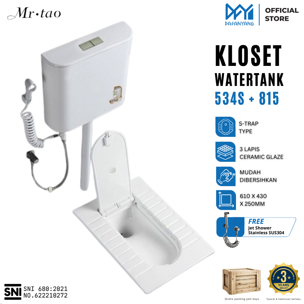 Mr. Tao Kloset Jongkok Dengan Penutup Watertank Flush 3/L Air Type 543 + 815 | Sudah 1 Set dan SNI Bahan Keramik Glossy Putih | Free Peti Kayu dan Asuransi Pengiriman 100%