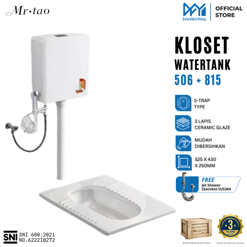 Mr. Tao Kloset Jongkok Watertank Flush 3/6L Air Tanpa Penutup | Closet Jongkok Watertank Energy Saving Bahan Keramik Putih Glossy | Free Peti Kayu dan Asuransi Pengiriman 100%