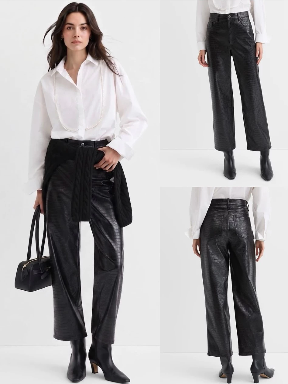Celana Panjang Wanita Kulit Sintetis Tekstur LF Straight Pants in Embossed Faux Animal Leather - 2923