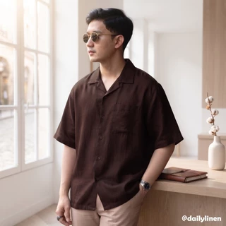 Daily Linen Kemeja Linen Mahogany Cuban Bowling Boxy Oversized Linen Shirt | Kemeja Bowling Polos Pria Kerah Terbuka Lengan Pendek