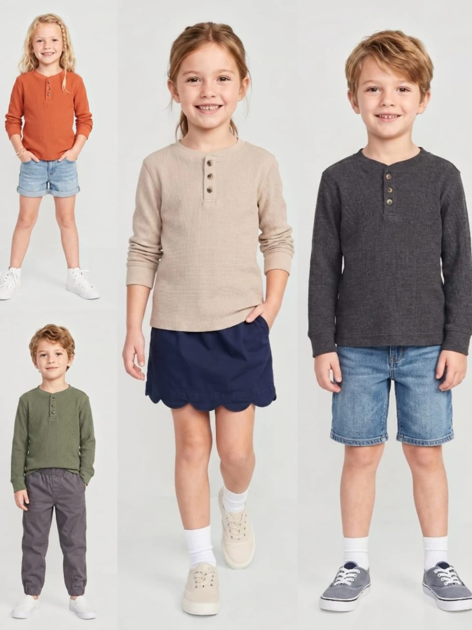 Atasan Lengan Panjang Anak Cewe Cowo OLN Long-Sleeve Waffle-Knit Henley T-Shirt - 2981