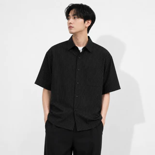 Hosenkleid Kemeja Korean Stripe Boxy Oversized Lengan Pendek - Hitam