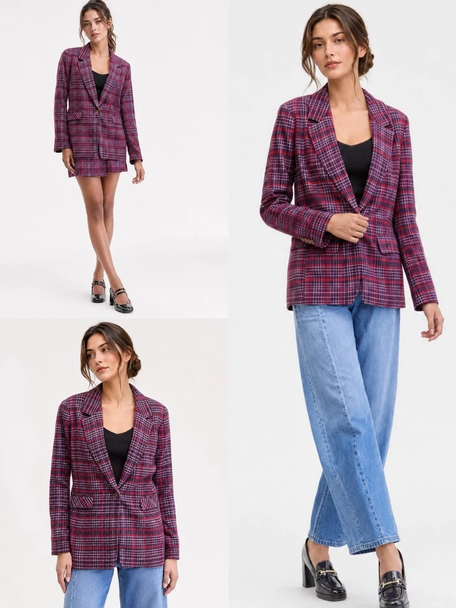 Blazer Wanita ONT Women's Plaid Single-Button Blazer - 3068