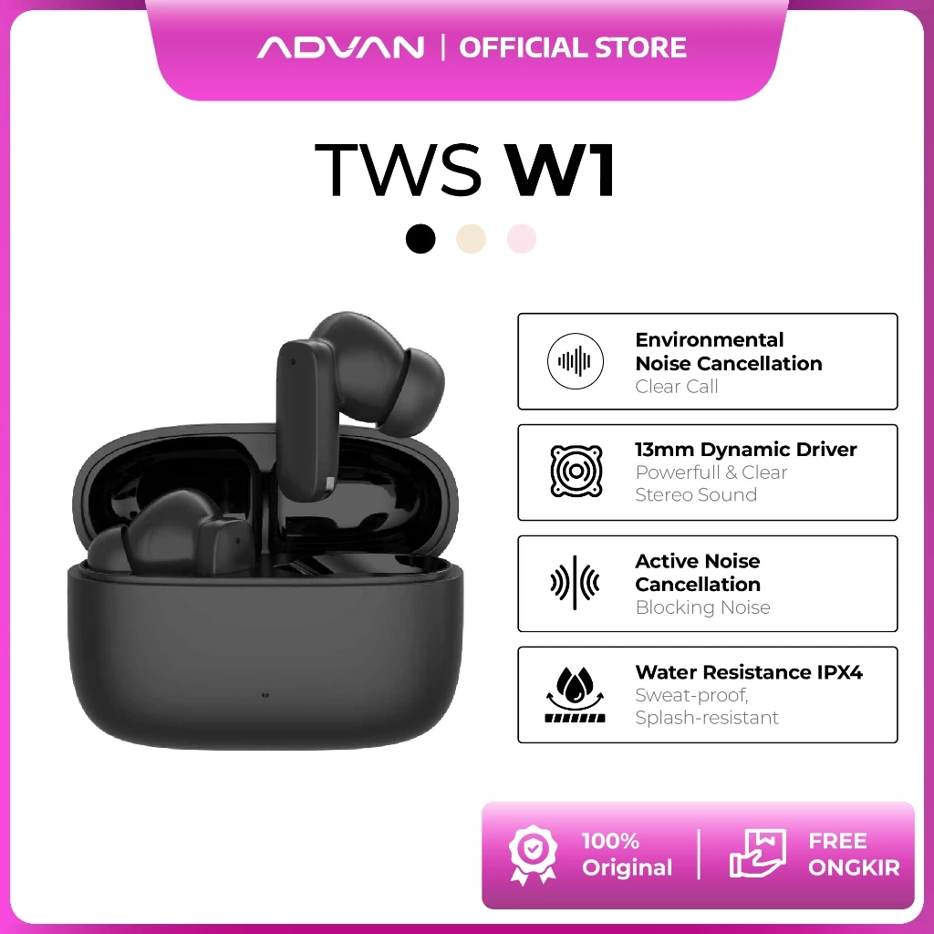 ADVAN TWS W1 True Wireless Stereo Earbuds ANC + ENC | Bluetooth 6.0 | Clear Voice | 300mAh Battery